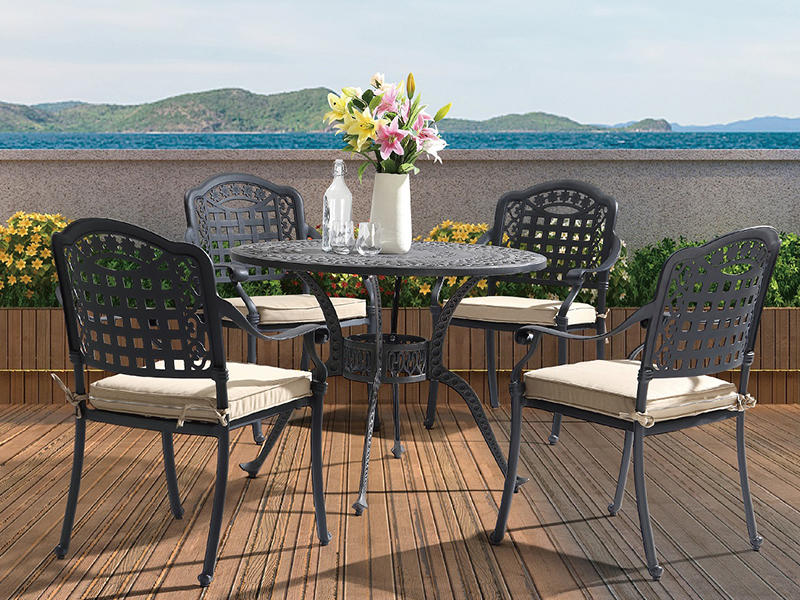 Balcony aluminum dining furniture, cast aluminum round table with stacking chairs YQA-855