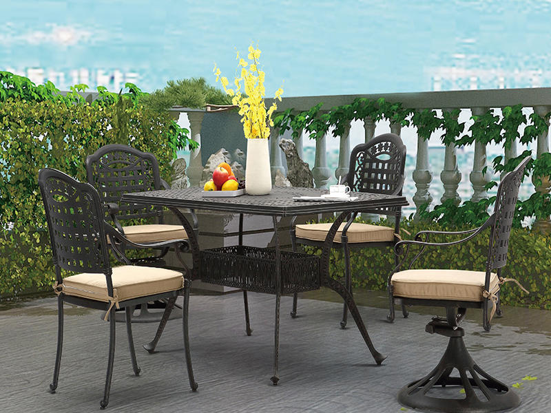 Outdoor rectangular table with stacking chair and swivel chair, cast aluminum patio dining set YQA-9221S01
