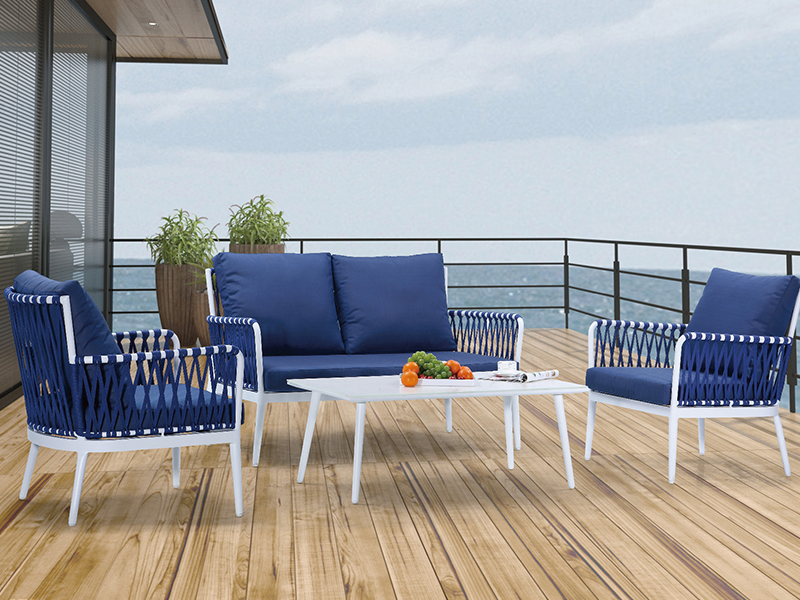 leisure bistro woven rope aluminium outdoor furniture garden set in blue color YQC-2734